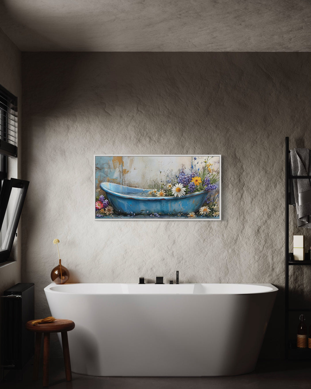 Farmhouse Bathroom Rustic Chic Bathtub With Flowers Wall Art in bathroom