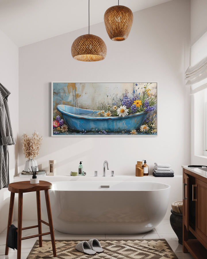 Farmhouse Bathroom Rustic Chic Bathtub With Flowers Wall Art in bathroom