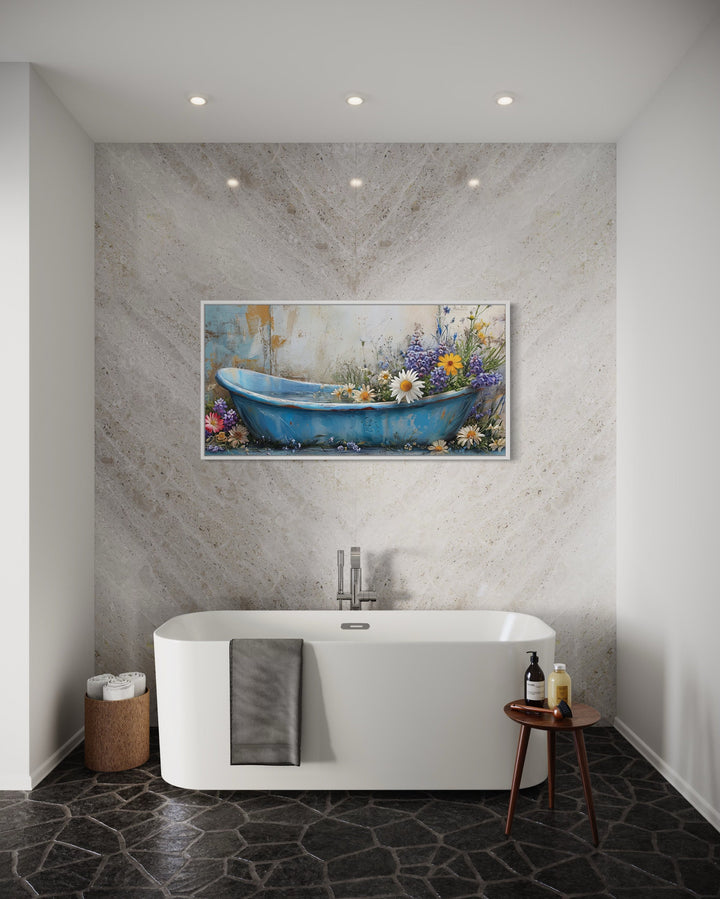 Farmhouse Bathroom Rustic Chic Bathtub With Flowers Wall Art in bathroom