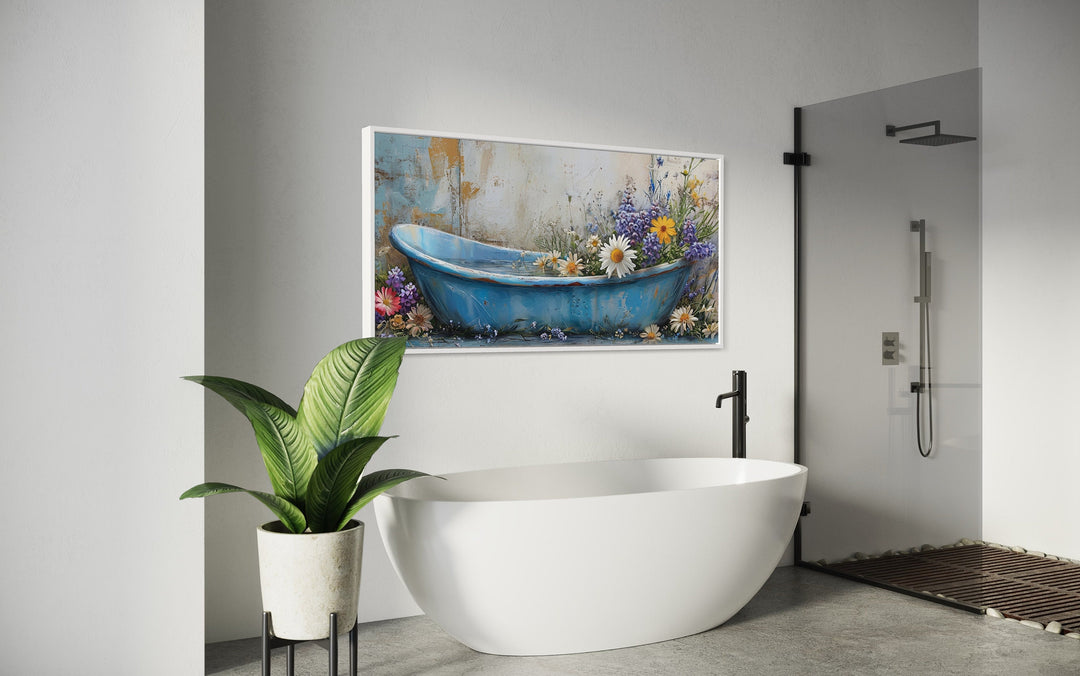 Farmhouse Bathroom Rustic Chic Bathtub With Flowers Wall Art in bathroom