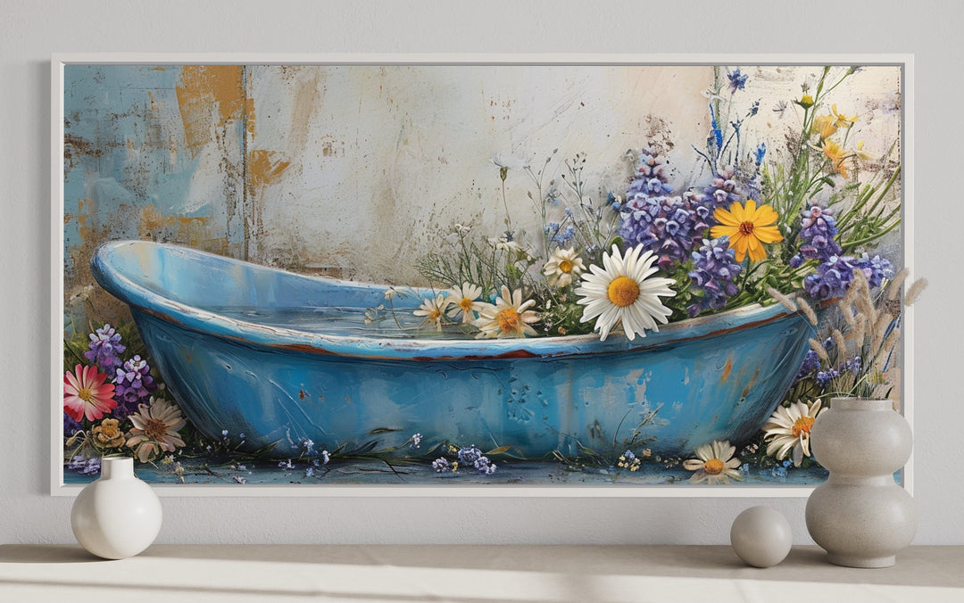 Farmhouse Bathroom Rustic Chic Bathtub With Flowers Wall Art close up