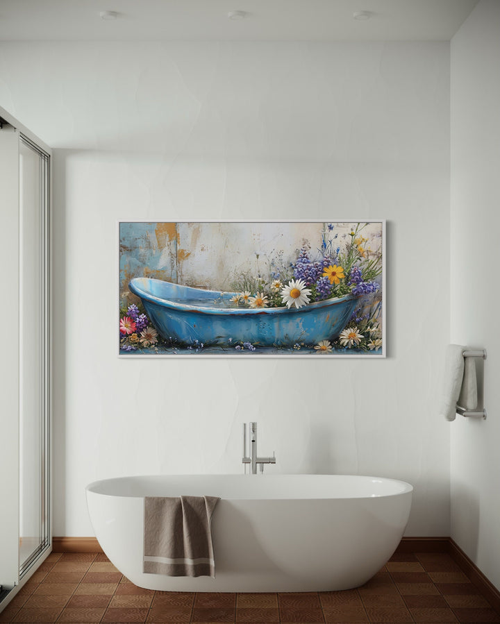 Farmhouse Bathroom Rustic Chic Bathtub With Flowers Wall Art