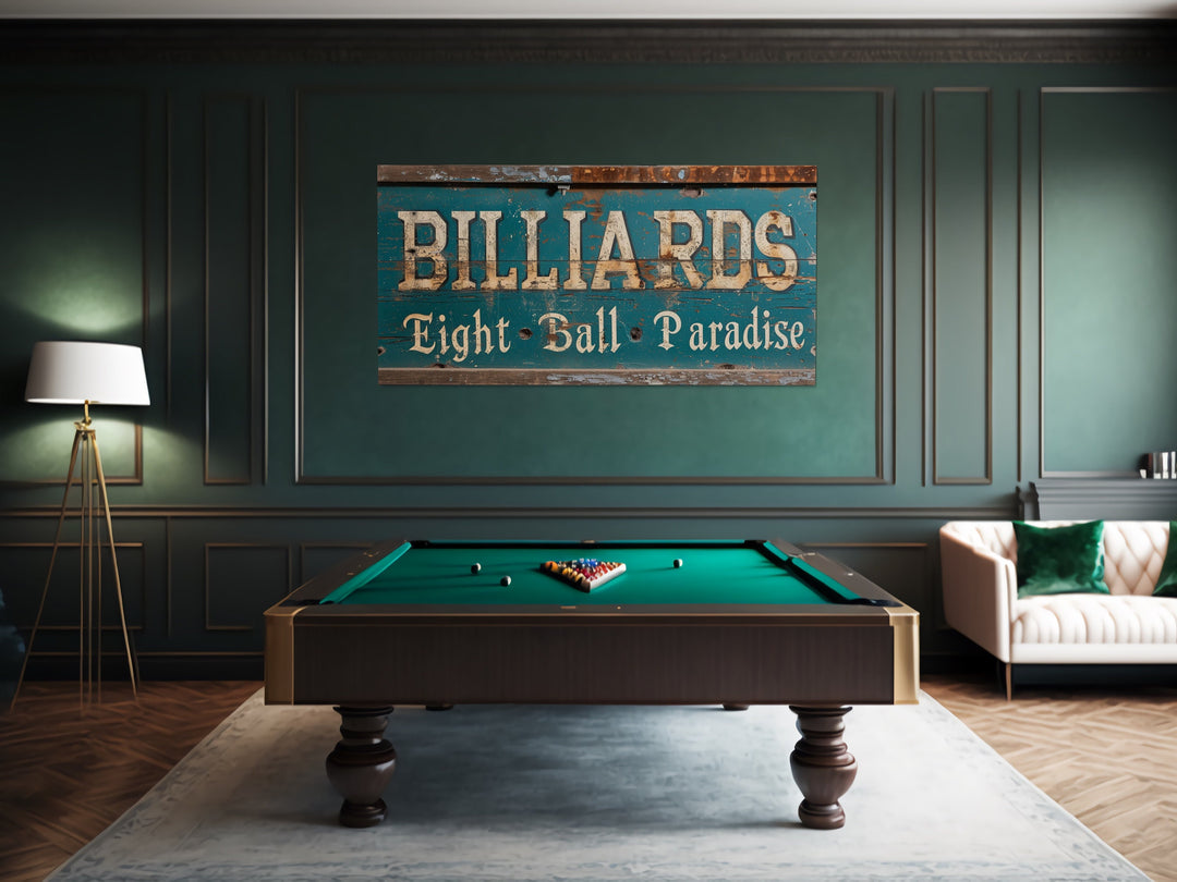 "Eight Ball Paradise" Vintage Sign Wall Art in billiards room