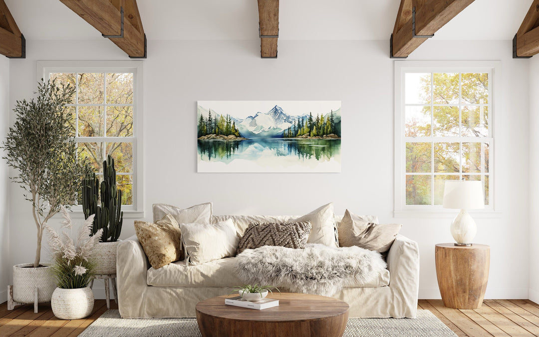 Sage Green Mountain Lake Landscape Framed Canvas Wall Art in living room