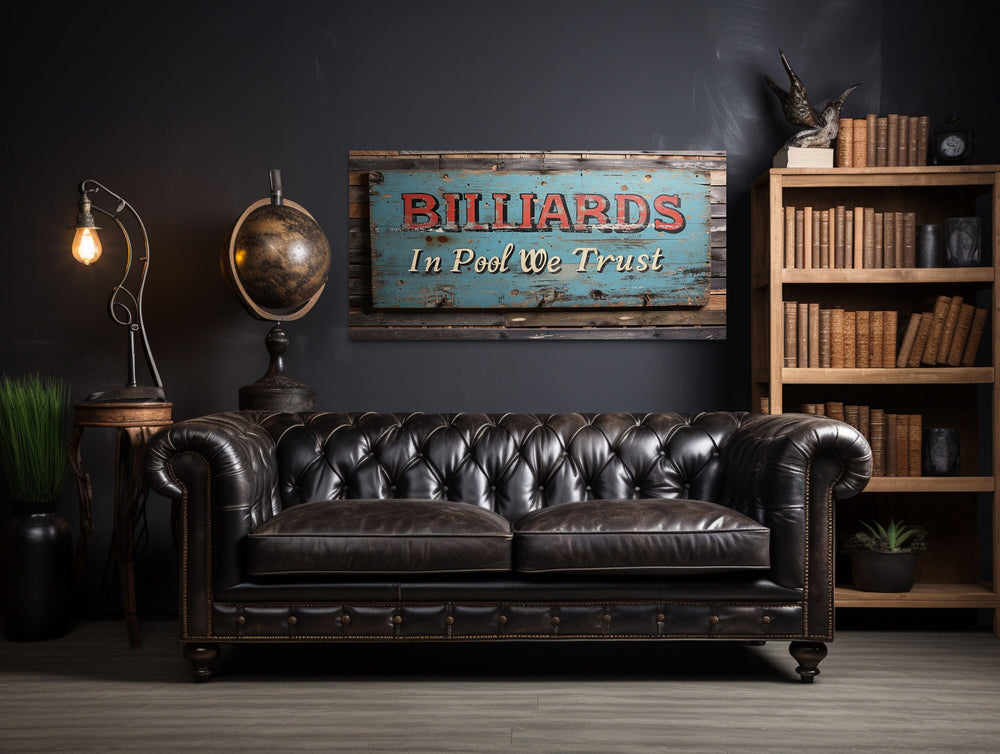 Billiards Room Decor In Pool We Trust Vintage Sign Canvas Wall Art in dark room