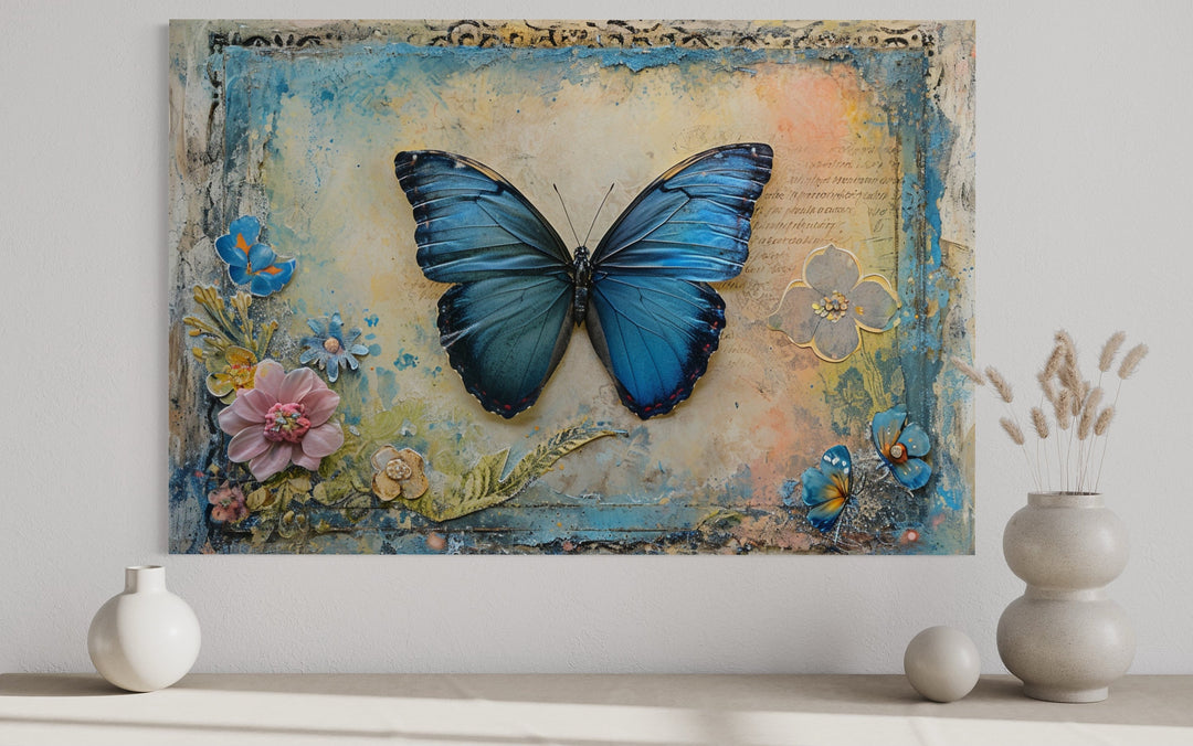 Blue Monarch Butterfly Vintage Framed Canvas Wall Art