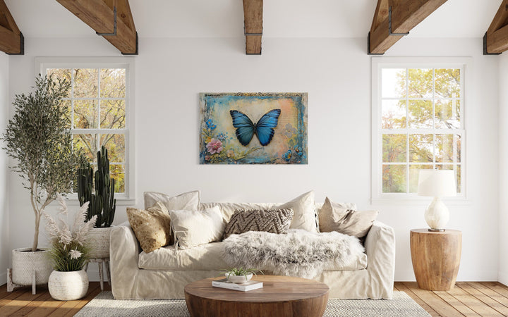 Blue Monarch Butterfly Vintage Framed Canvas Wall Art in living room