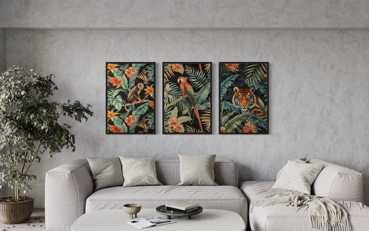 3 Piece Mid Century Modern Tropical Jungle Animals Wall Art above grey couch