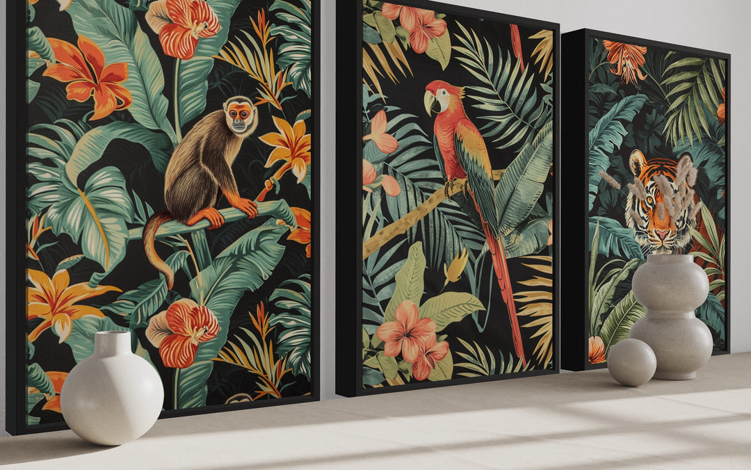 3 Piece Mid Century Modern Tropical Jungle Animals Wall Art side view