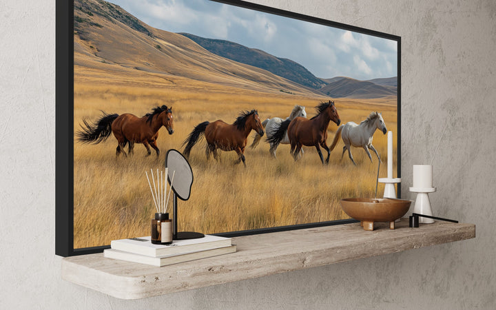 Galloping Wild Horses In Nature Canvas Wall Art side view