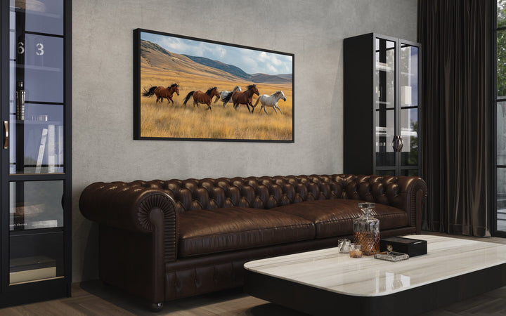 Galloping Wild Horses In Nature Canvas Wall Art in man cave