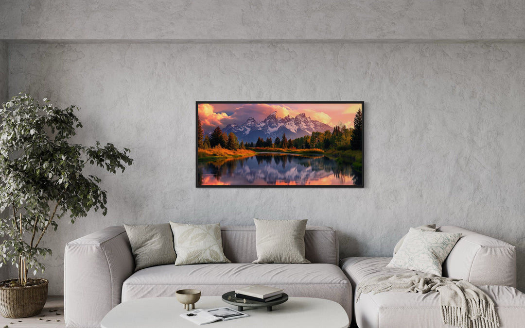 Grand Teton National Park Landscape Framed Canvas Wall Art above grey couch