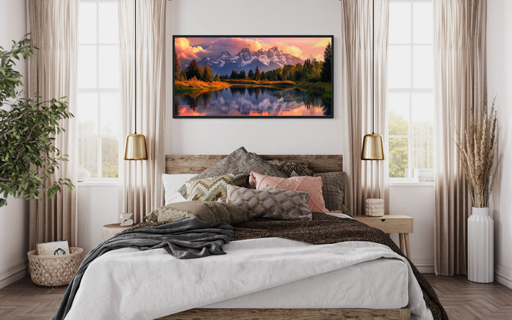 Grand Teton National Park Landscape Framed Canvas Wall Art above bed