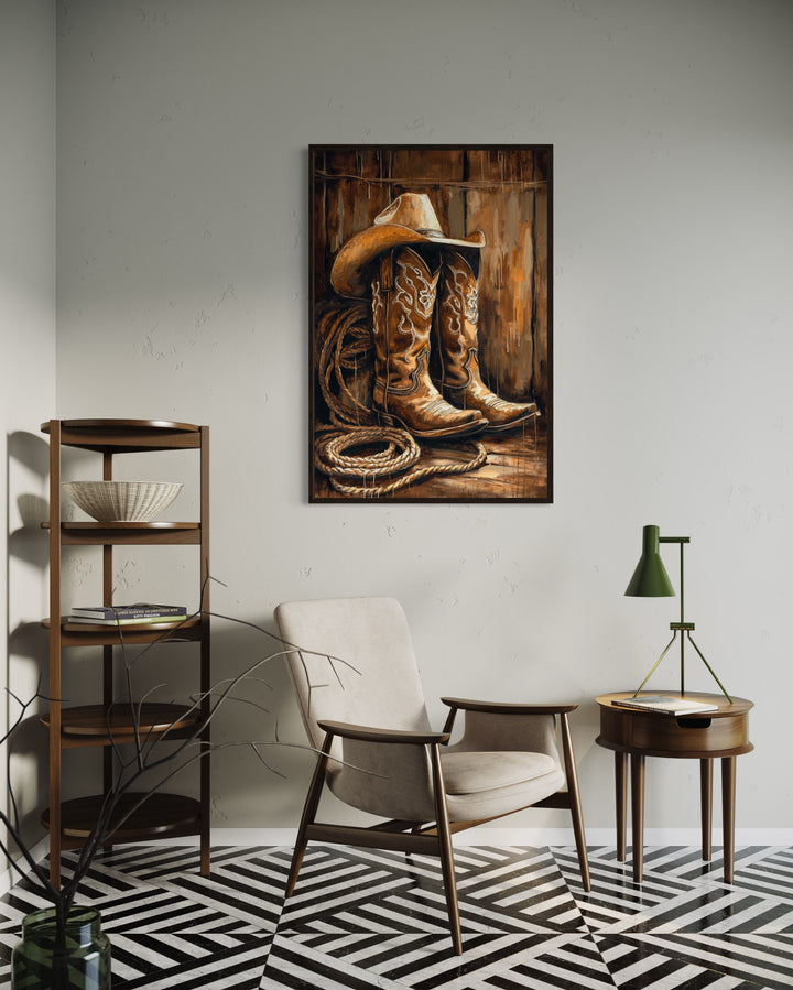 Cowboy Boots And Hat Framed Southwestern Wall Decor in living room