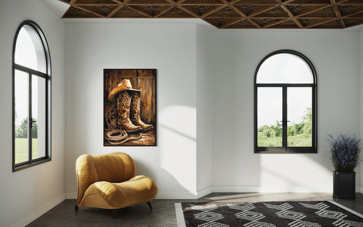 Cowboy Boots And Hat Framed Southwestern Wall Decor in texas home