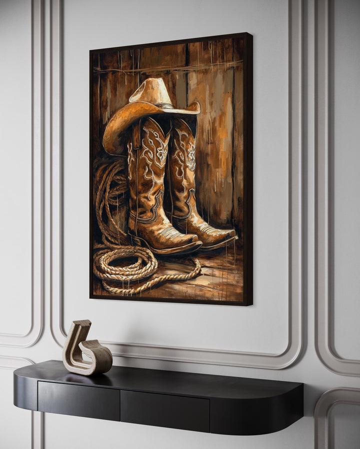 Cowboy Boots And Hat Framed Southwestern Wall Decor side view