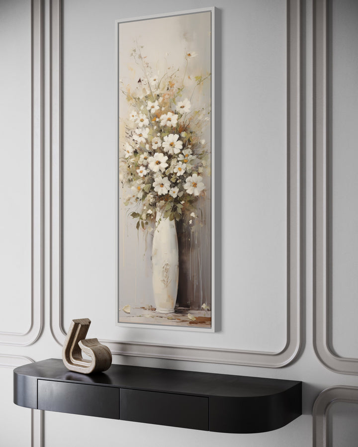Tall Narrow White Wildflowers In Vase Farmhouse Vertical Wall Art side view
