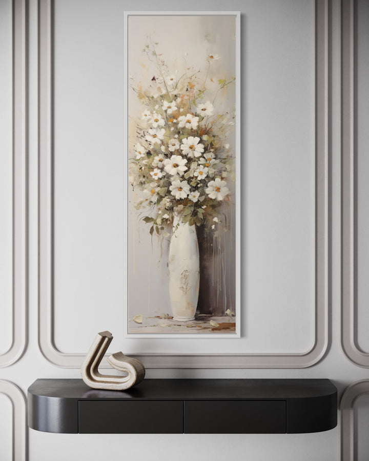 Tall Narrow White Wildflowers In Vase Farmhouse Vertical Wall Art close up