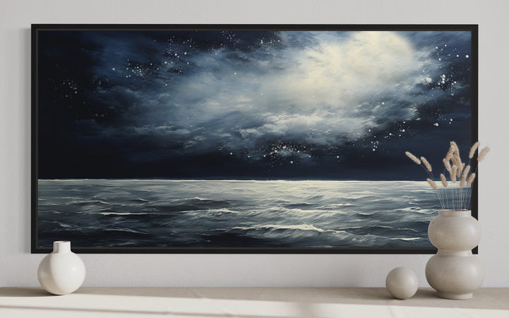 Dark Horizontal Starry Night Ocean Seascape Framed Canvas Wall Art close up