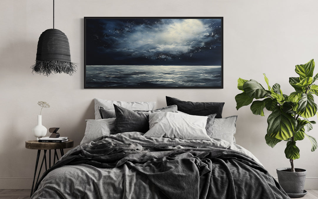 Dark Horizontal Starry Night Ocean Seascape Framed Canvas Wall Art