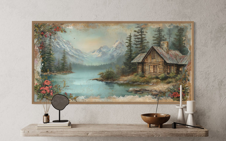 Rustic Mountain Cabin Painting On Wood Framed Canvas Wall Art close up