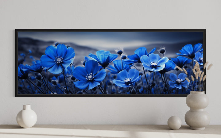 Navy Blue Flowers On Black Background Horizontal Framed Canvas Wall Art close up