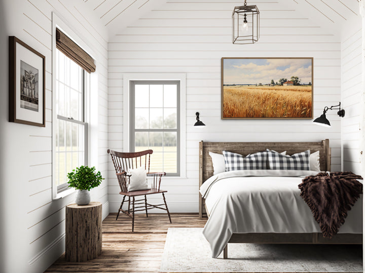 Rustic Wheat Field Landscape Farmhouse Framed Canvas Wall Art in rustic bedroom