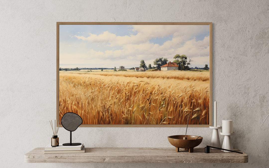 Rustic Wheat Field Landscape Farmhouse Framed Canvas Wall Art close up