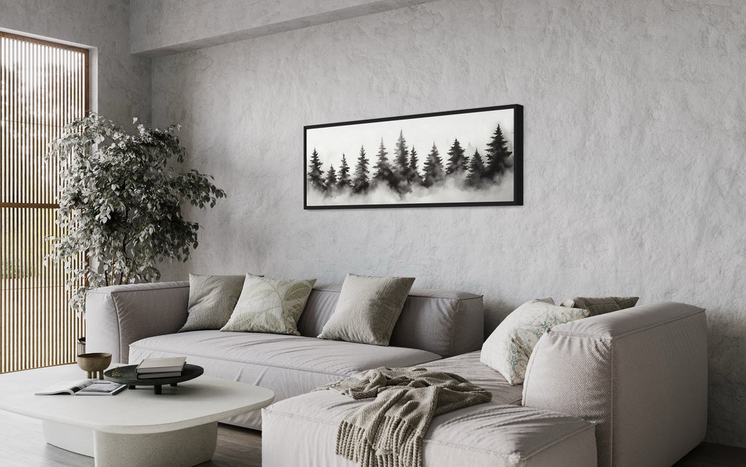 Black And White Watercolor Foggy Pine Tree Forest Horizontal Canvas Wall Art above grey couch