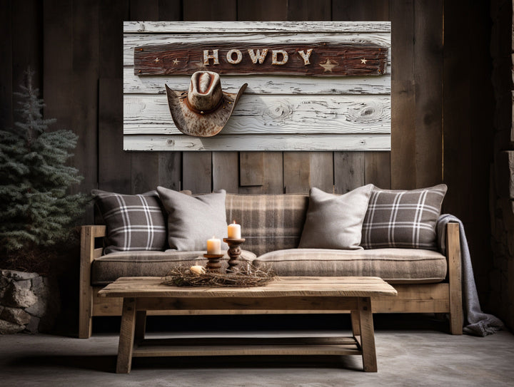 Howdy Sign Vintage Rustic Cowboy Southwestern Canvas Wall Art in rustic room