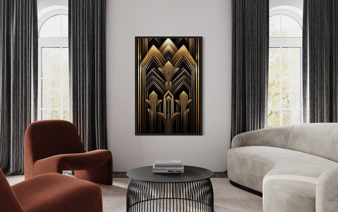 Black Gold Art Deco Luxury Framed Canvas Wall Art in living room