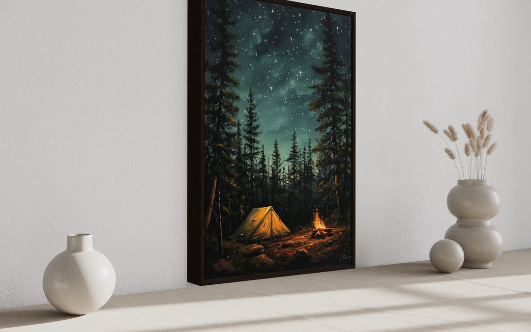 Campfire And Tent In Pine Tree Forest Camping Wall Art side view