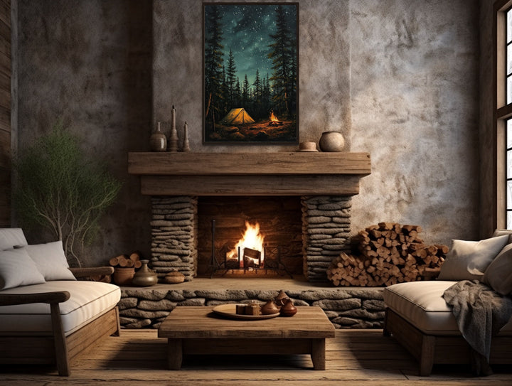 Campfire And Tent In Pine Tree Forest Camping Wall Art above mantel