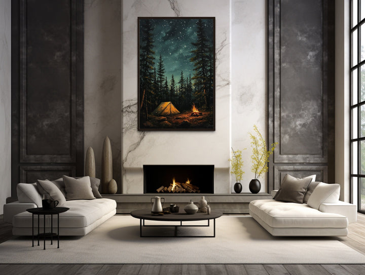 Campfire And Tent In Pine Tree Forest Camping Wall Art