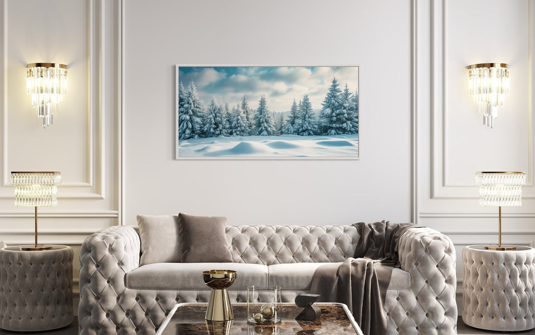 Fir Tree Forest Covered In Snow Winter Landscape Wall Art in living room