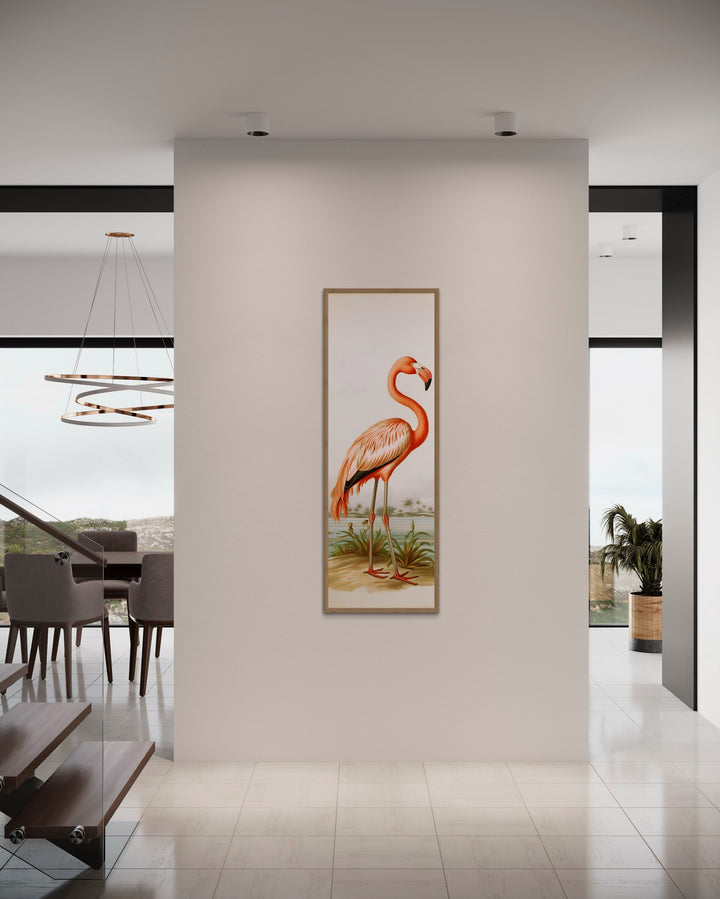 Tall Narrow Vintage Flamingo Vertical Wall Art on narrow wall