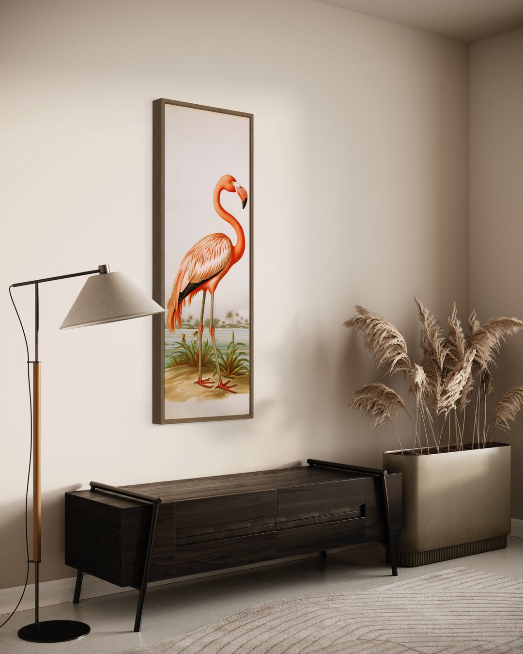 Tall Narrow Vintage Flamingo Vertical Wall Art in modern hall