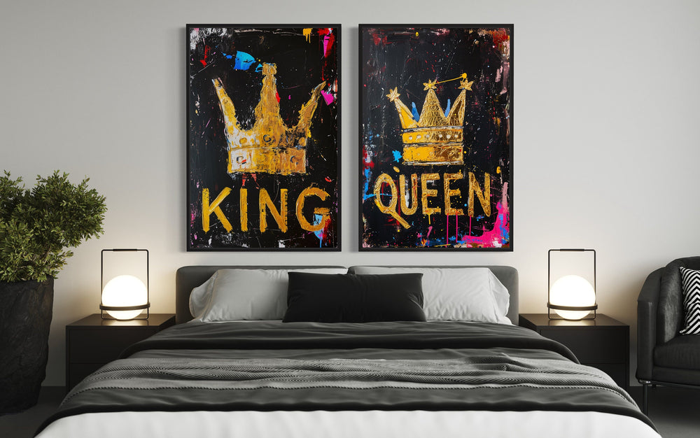Set of 2 King And Queen Crowns Pop Art Framed Canvas Wall Art above bed