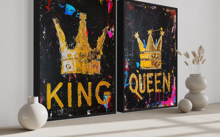 Set of 2 King And Queen Crowns Pop Art Framed Canvas Wall Art close up