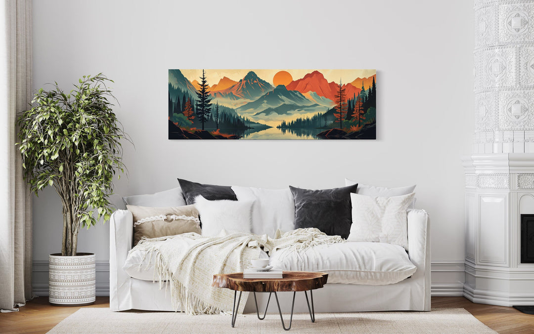 Mountains, Forest And Lake Mid Century Modern Horizontal Landscape Canvas Wall Art above couch