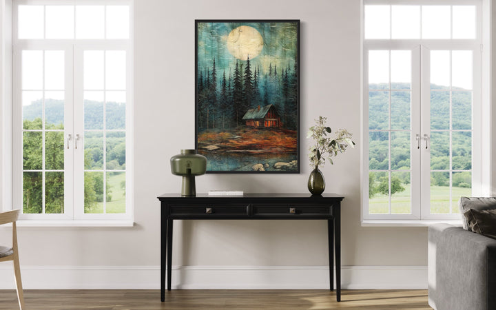 Cabin In The Woods Framed Canvas Wall Art in living room