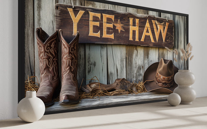 Yeehaw Sign, Cowboy Boots And Hat Southwestern Framed Canvas Wall Art side view