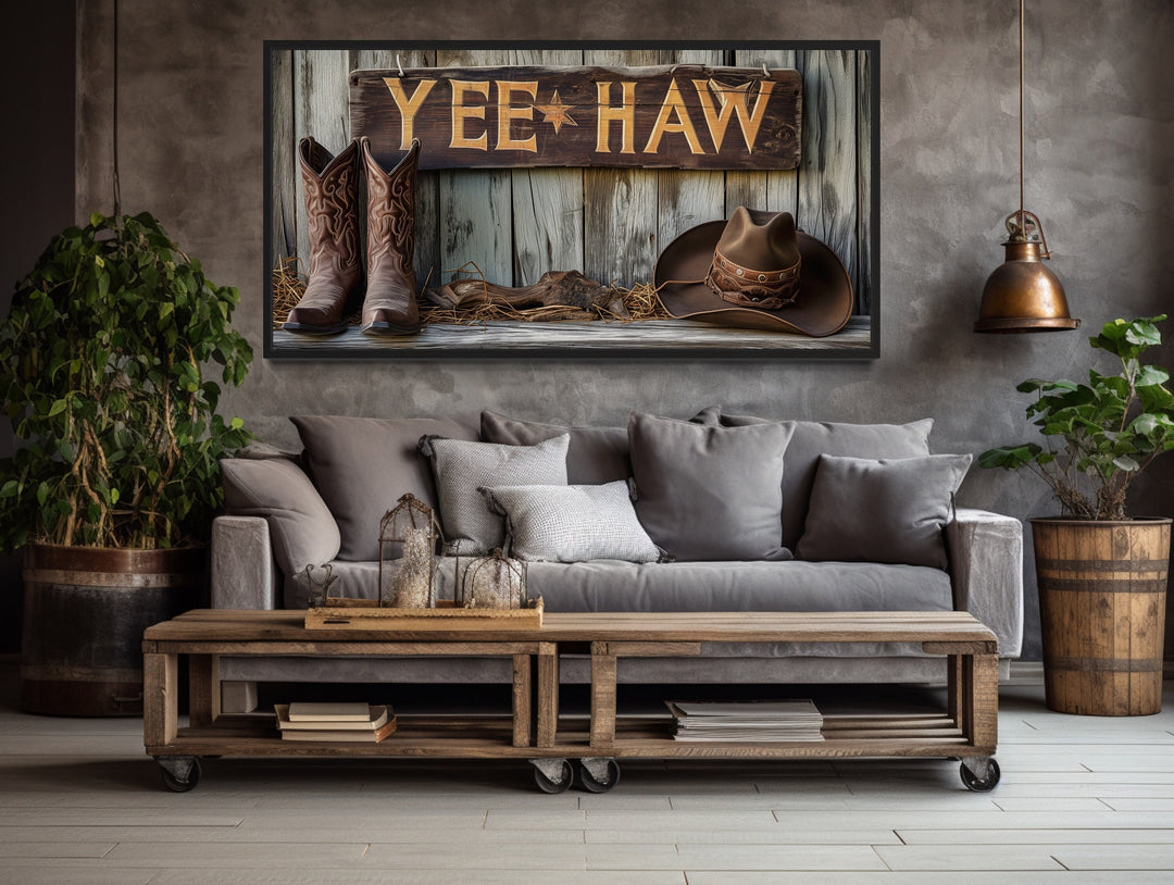 Yeehaw Sign, Cowboy Boots And Hat Southwestern Framed Canvas Wall Art