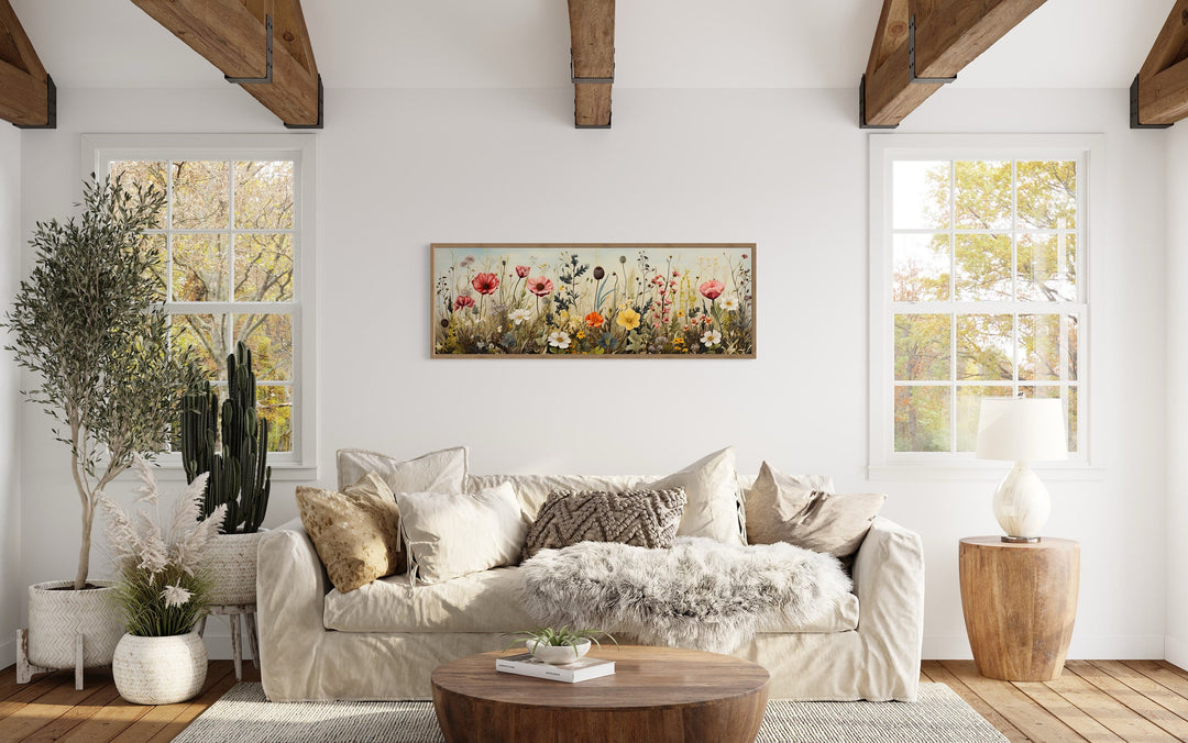 Vintage Wildflowers Field Horizontal Above Bed Framed Canvas Wall Art