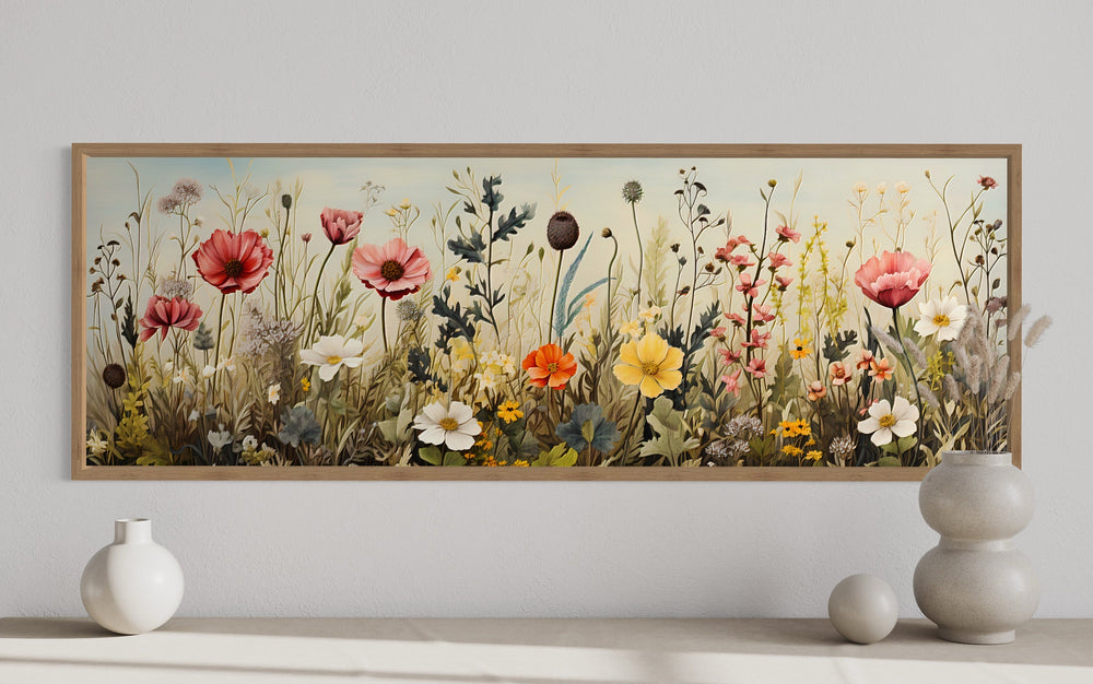 Vintage Wildflowers Field Horizontal Above Bed Framed Canvas Wall Art close up