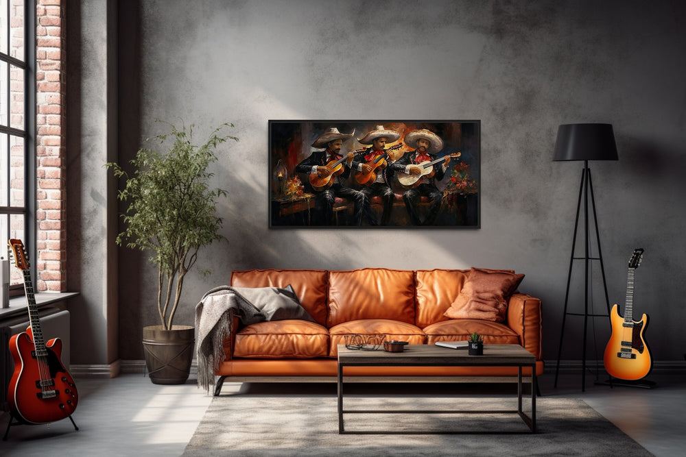 Mariachi Band Extra Large Mexican Wall Art above brown orange couch