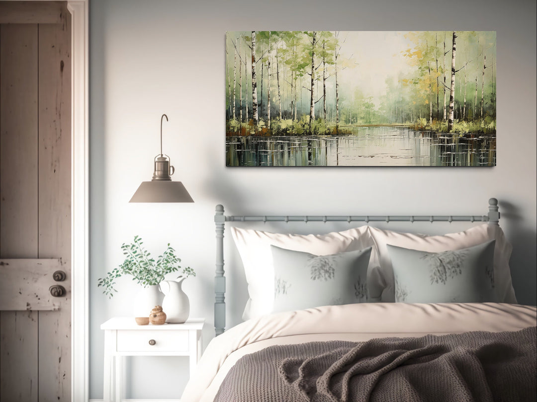 Birch Tree Forest Abstract Rustic Framed Canvas Wall Art above rustic bed