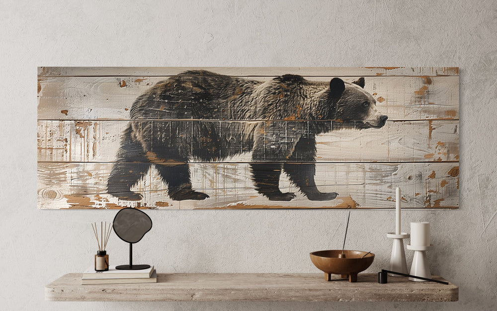 Bear Painted On Wood Canvas Wall Art close up view