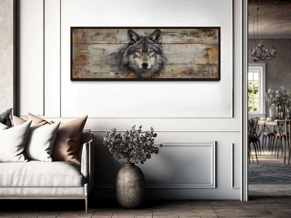 Wolf Painted On Wood Long Horizontal Framed Canvas Wall Art in rustic room