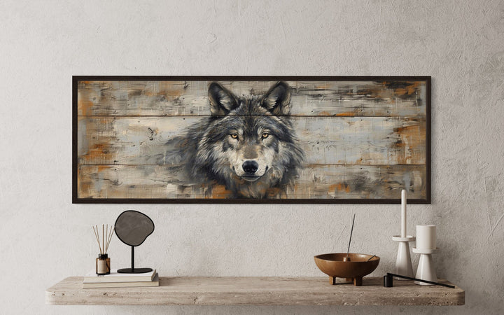 Wolf Painted On Wood Long Horizontal Framed Canvas Wall Art close up